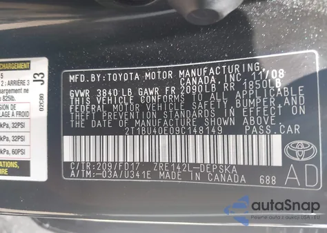 2009 Toyota Corolla S from USA, damaged, VIN 2T1BU40E09C148149